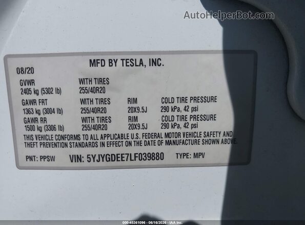 5YJYGDEE7LF039880 2020 TESLA MODEL Y White Engine compartment view