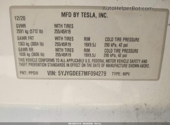5YJYGDEE7MF094279 2021 TESLA MODEL Y Белый Вид подкапотного пространства