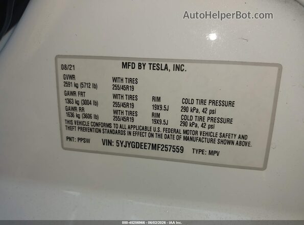 5YJYGDEE7MF257559 2021 TESLA MODEL Y Green ძრავის განყოფილების ხედი