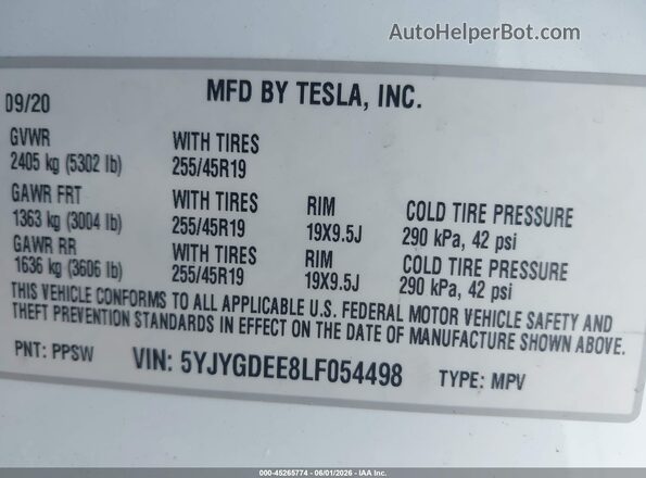 5YJYGDEE8LF054498 2020 TESLA MODEL Y White Vista del compartimento del motor
