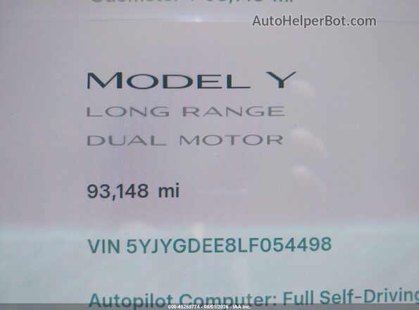 5YJYGDEE8LF054498 2020 TESLA MODEL Y White 