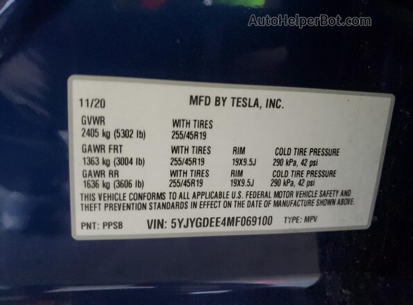 5YJYGDEE8MF069035 2021 TESLA MODEL Blue Вид підкапотного простору
