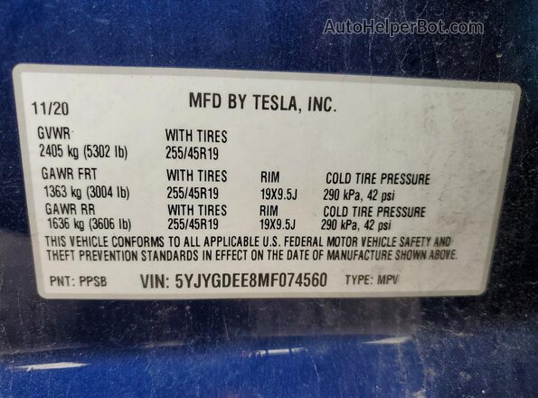 5YJYGDEE8MF074560 2021 TESLA MODEL Blue Շարժիչի բաժամունքի տեսք