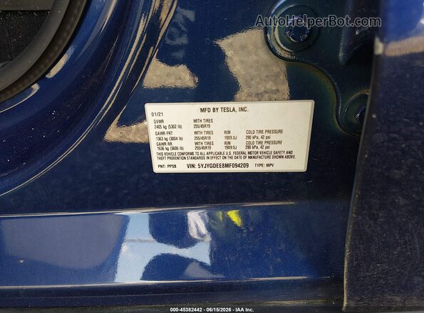 5YJYGDEE8MF094209 2021 TESLA MODEL Y Blue Vista del compartimento del motor