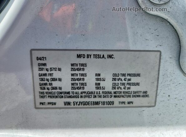5YJYGDEE8MF181009 2021 TESLA MODEL White სალონის 360-გრადუსიანი ხედი