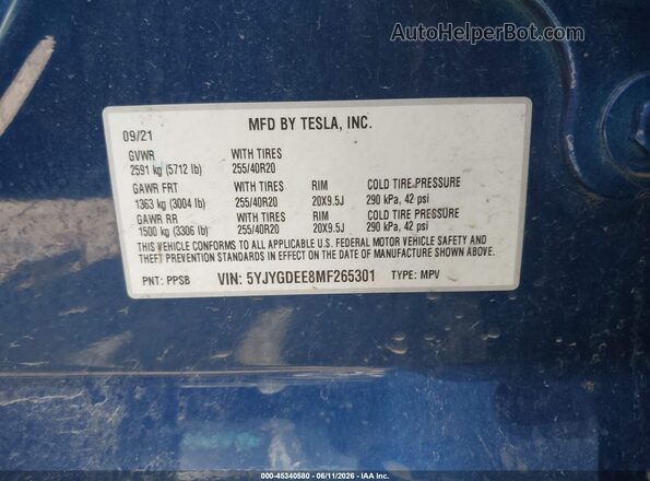 5YJYGDEE8MF265301 2021 TESLA MODEL Y Синий Вид подкапотного пространства