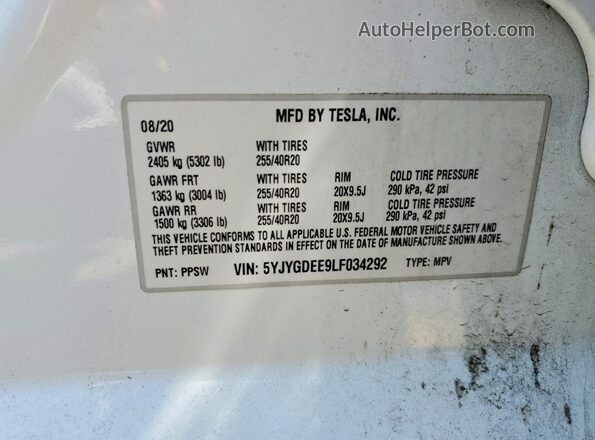 5YJYGDEE9LF034292 2020 TESLA MODEL Белый Вид подкапотного пространства
