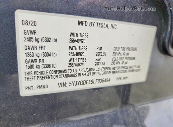 5YJYGDEE9LF036494 2020 TESLA MODEL Gray Շարժիչի բաժամունքի տեսք