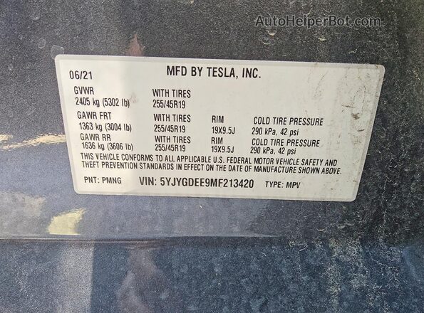 5YJYGDEE9MF213420 2021 TESLA MODEL Gray 