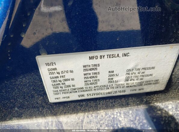 5YJYGDEE9MF287646 2021 TESLA MODEL Y Blue Շարժիչի բաժամունքի տեսք