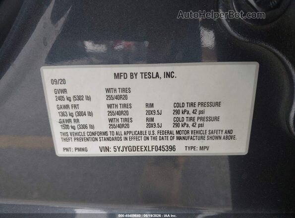 5YJYGDEEXLF045396 2020 TESLA MODEL Y Серый Вид подкапотного пространства