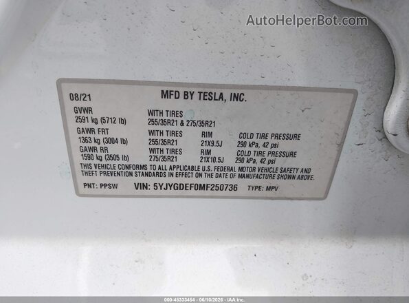 5YJYGDEF0MF250736 2021 TESLA MODEL Y White Շարժիչի բաժամունքի տեսք