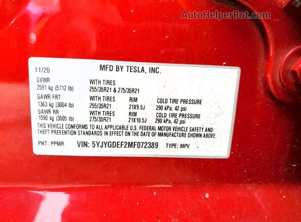 5YJYGDEF2MF072389 2021 TESLA MODEL Red Vista del compartimento del motor