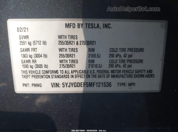 5YJYGDEF5MF121536 2021 TESLA MODEL Y Gray Widok komory silnika
