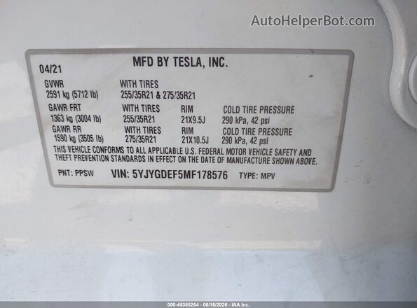 5YJYGDEF5MF178576 2021 TESLA MODEL Y White ძრავის განყოფილების ხედი