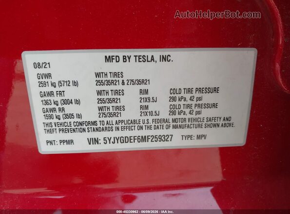 5YJYGDEF6MF259327 2021 TESLA MODEL Y Red Вид підкапотного простору
