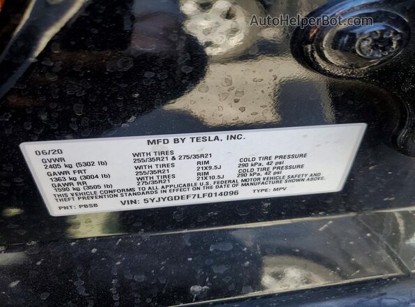 5YJYGDEF7LF014096 2020 TESLA MODEL Black VIN կոդի պիտակի տեսք