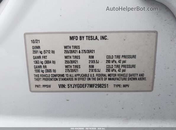 5YJYGDEF7MF298251 2021 TESLA MODEL Y White Engine compartment view