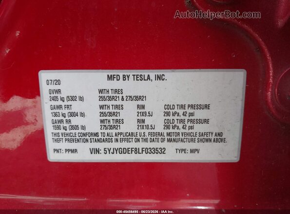 5YJYGDEF8LF033532 2020 TESLA MODEL Y Red Vista del compartimento del motor