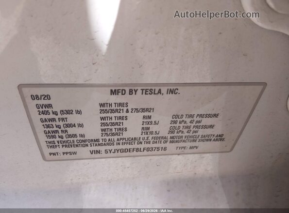 5YJYGDEF8LF037516 2020 TESLA MODEL Y Белый Вид подкапотного пространства