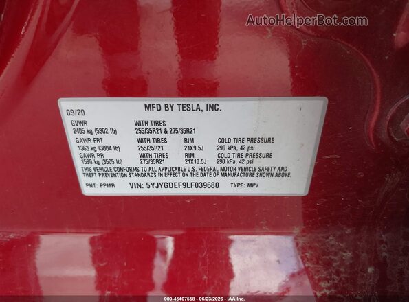 5YJYGDEF9LF039680 2020 TESLA MODEL Y Red ძრავის განყოფილების ხედი