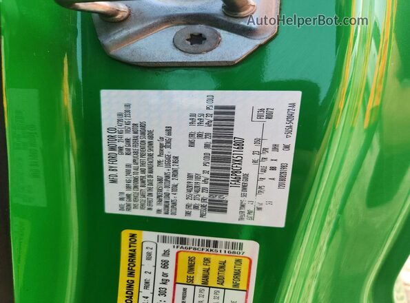 1FA6P8CFXK5116807 2019 FORD MUSTANG Зеленый Вид наклейки с VIN-кодом