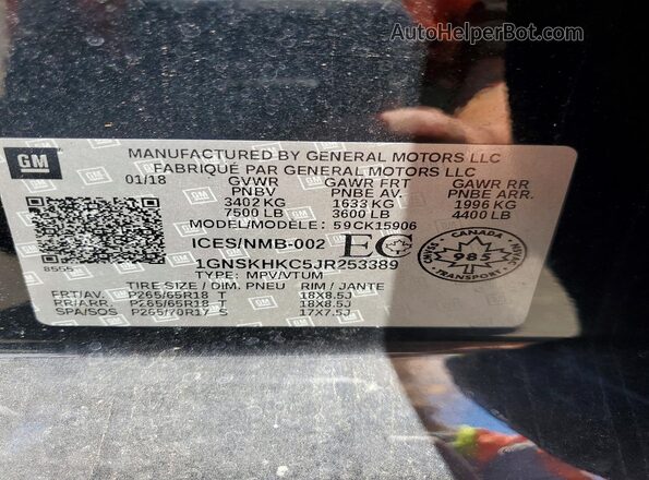1GNSKHKC5JR253389 2018 CHEVROLET SUBURBAN Black Widok wnętrza 360 stopni