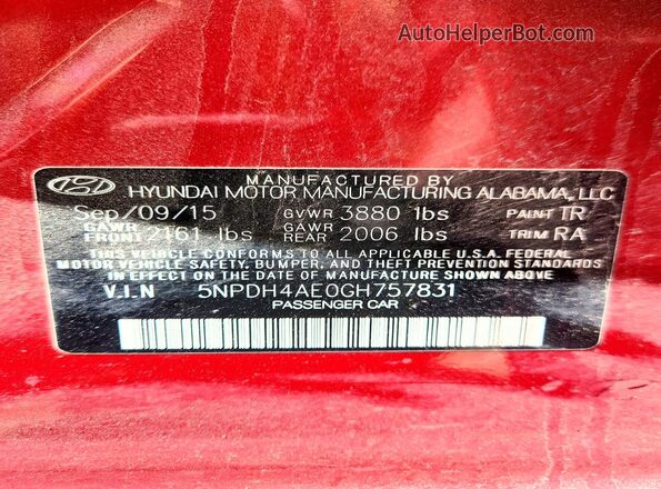 5NPDH4AE0GH757831 2016 HYUNDAI ELANTRA Red Vista de la etiqueta del VIN