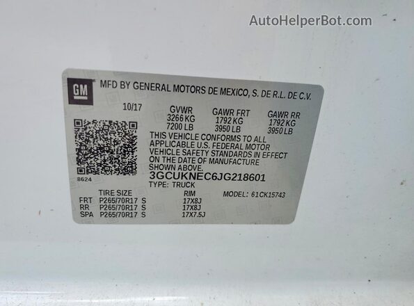 3GCUKNEC6JG218601 2018 CHEVROLET SILVERADO White VIN sticker view