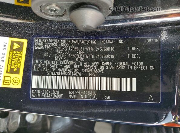 5TDJZRFH9KS614878 2019 TOYOTA HIGHLANDER Black 360 interior view