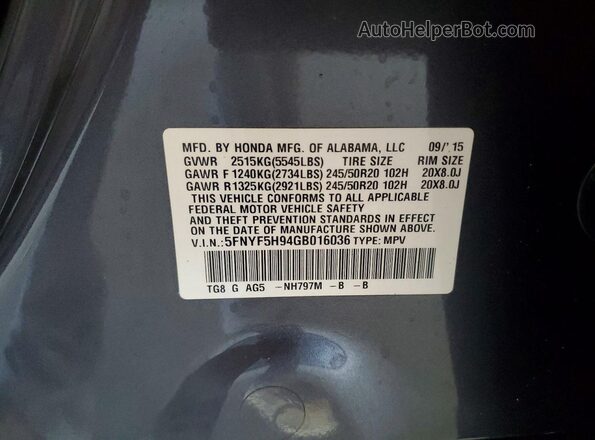 5FNYF5H94GB016036 2016 HONDA PILOT Серый 