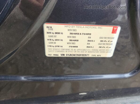 5YJXCAE2XGF003571 2016 TESLA MODEL Gray 360 interior view