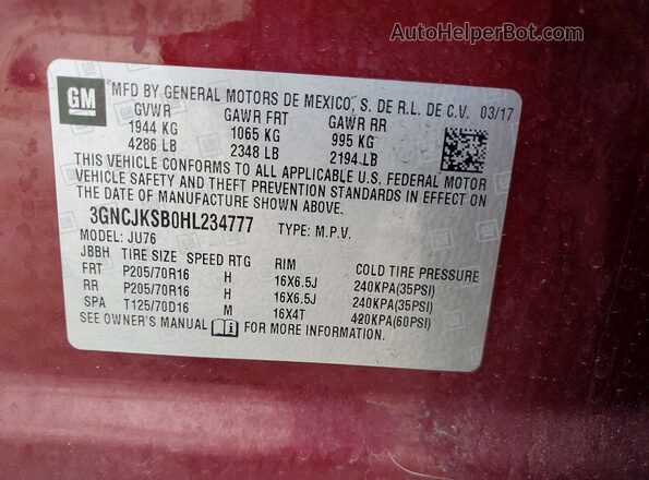 3GNCJKSB0HL234777 2017 CHEVROLET TRAX Burgundy Widok wnętrza 360 stopni