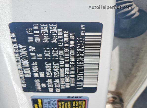 5XYZTDLB3HG382422 2017 HYUNDAI SANTA FE White Widok wnętrza 360 stopni