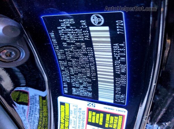 4T1G11AK7LU879233 2020 TOYOTA CAMRY Black Widok naklejki z numerem VIN