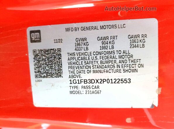 1G1FB3DX2P0122553 2023 CHEVROLET CAMARO Red 