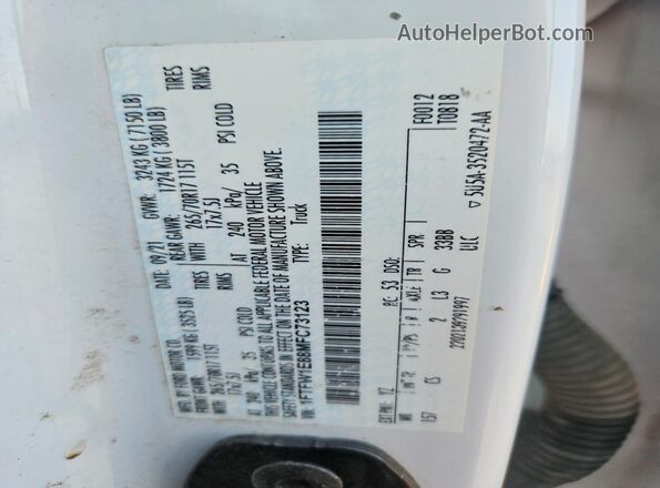 1FTFW1E88MFC73123 2021 FORD F150 White Vista de la etiqueta del VIN