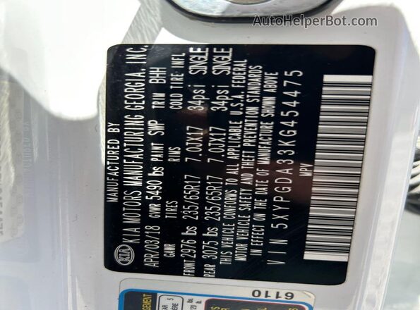 5XYPGDA33KG454475 2019 KIA SORENTO White 