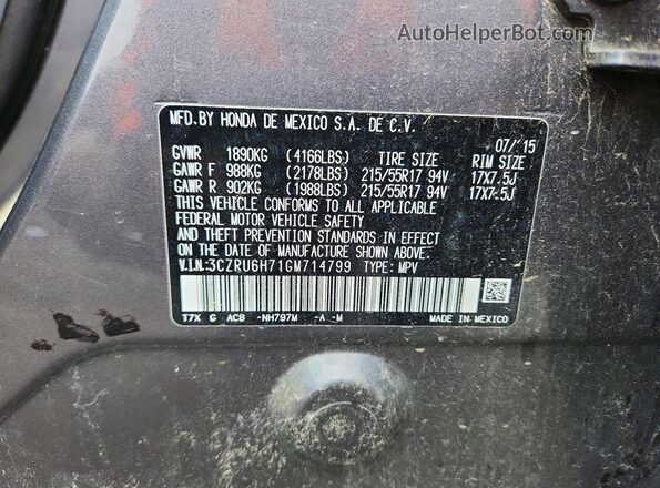 3CZRU6H71GM714799 2016 HONDA HR-V Gray VIN sticker view