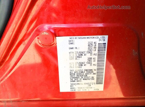 5N1AT2MV2GC845725 2016 NISSAN ROGUE Red 