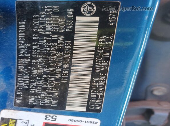 4T1B61HK5JU067654 2018 TOYOTA CAMRY Blue VIN კოდის სტიკერის ხედი