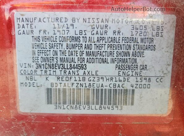 3N1CN8EV3LL844593 2020 NISSAN VERSA Red Widok naklejki z numerem VIN
