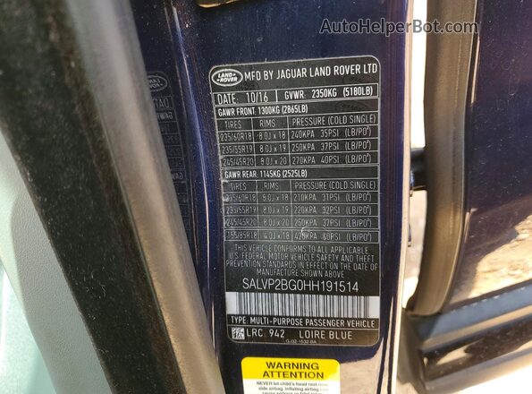 SALVP2BG0HH191514 2017 LAND ROVER RANGE Blue 
