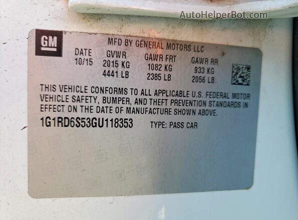 1G1RD6S53GU118353 2016 CHEVROLET VOLT White VIN կոդի պիտակի տեսք