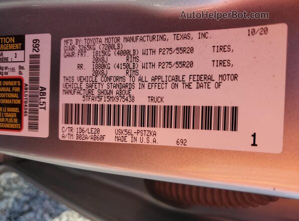 5TFAY5F15MX975438 2021 TOYOTA TUNDRA Серебряный Вид наклейки с VIN-кодом