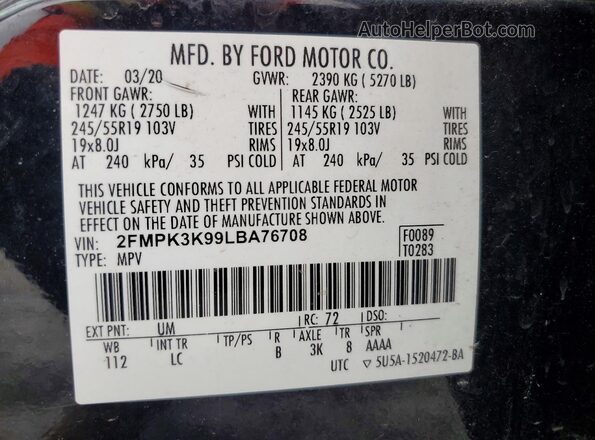 2FMPK3K99LBA76708 2020 FORD EDGE Black 360 interior view