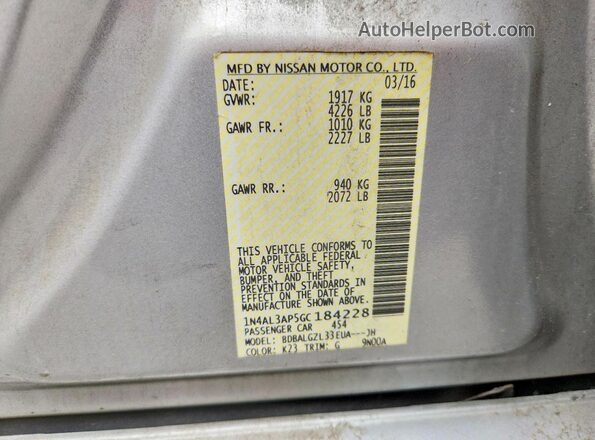 1N4AL3AP5GC184228 2016 NISSAN ALTIMA Silver VIN კოდის სტიკერის ხედი