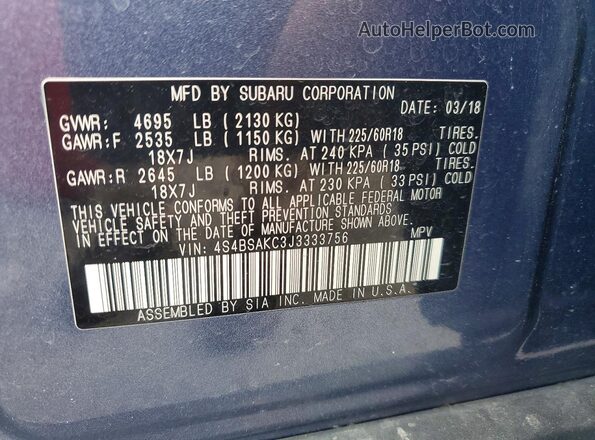 4S4BSAKC3J3333756 2018 SUBARU OUTBACK Blue VIN კოდის სტიკერის ხედი