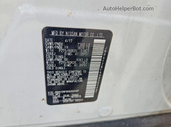 JN8AY2NF6H9304497 2017 NISSAN ARMADA White Widok wnętrza 360 stopni