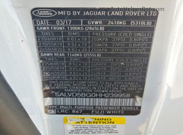 SALVD5BG0HH239958 2017 LAND ROVER RANGE Белый Вид наклейки с VIN-кодом